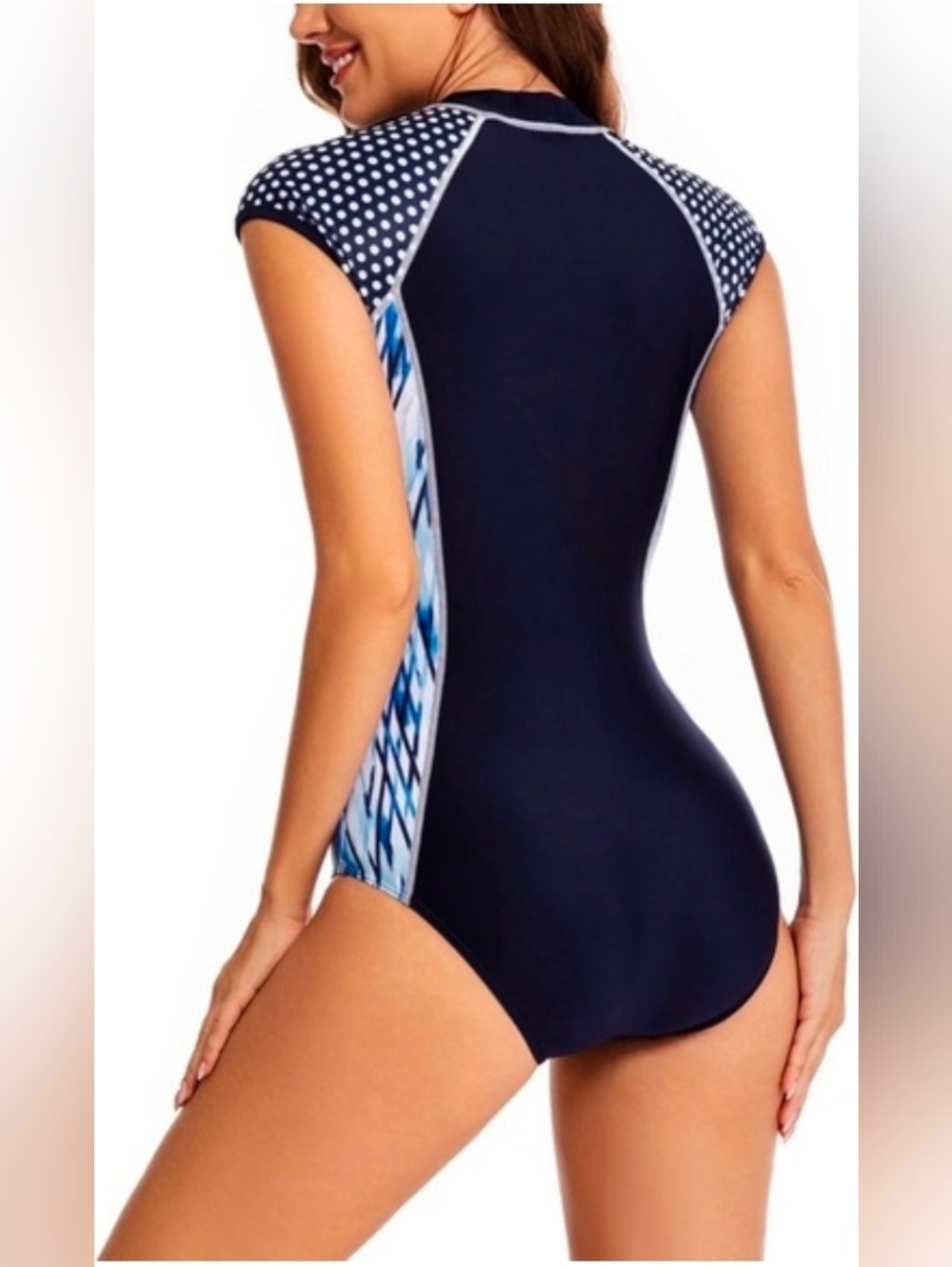 Navy and Teal Short-Sleeve One-Piece Swimsuit - Brand - Picture 8 of 8